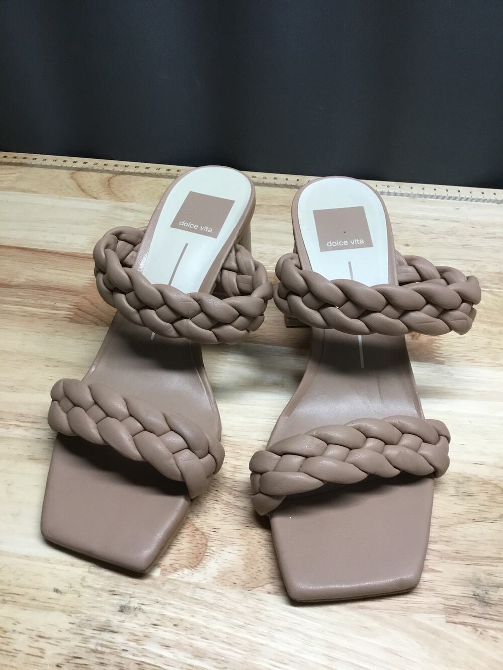 Dolce Vita Braided Strappy Sandals Women's 9 Tan Block Heel Slip On Square Toe